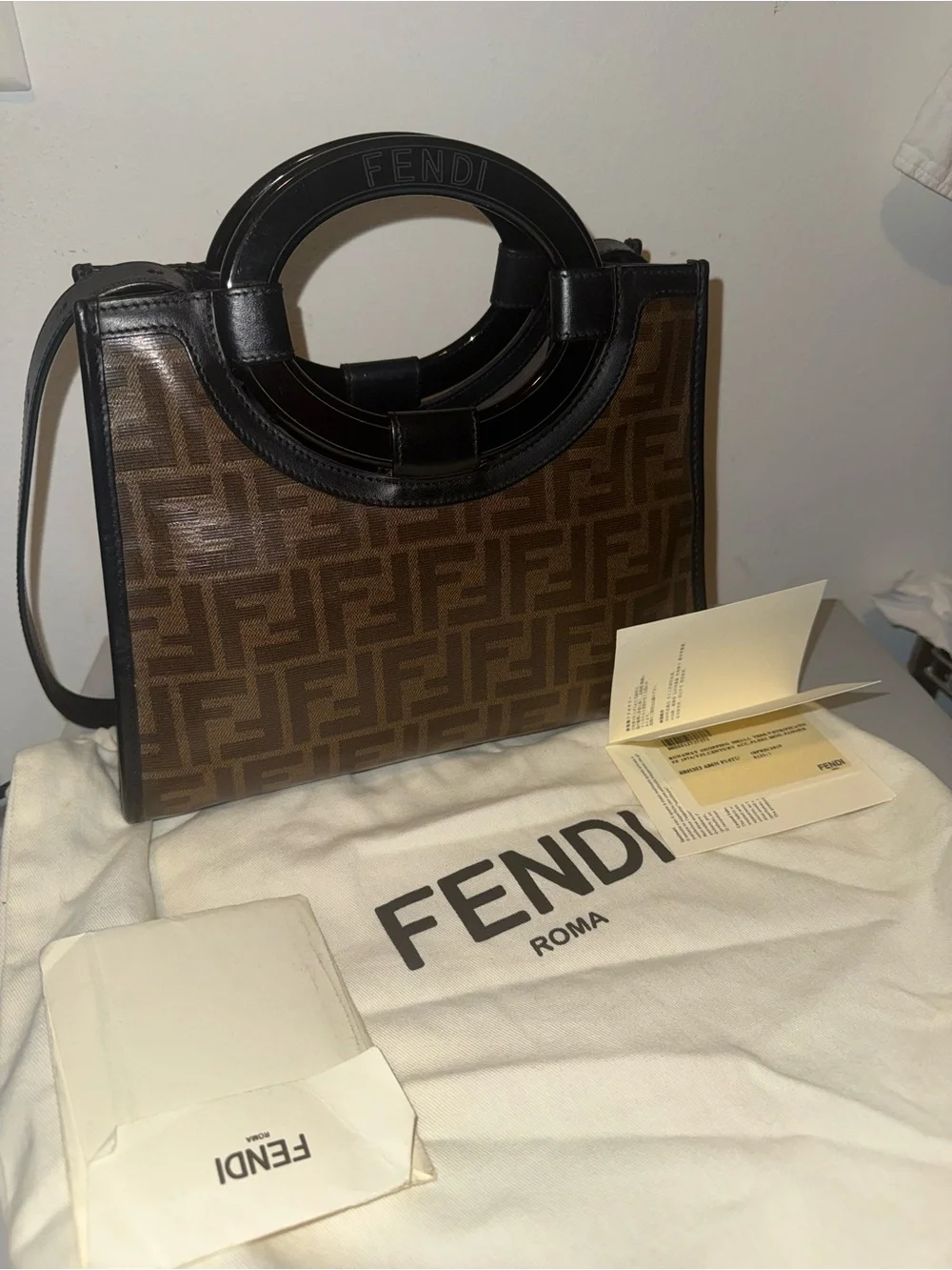 Fendi Brown FF Logo Satchel with Black Leather Handles